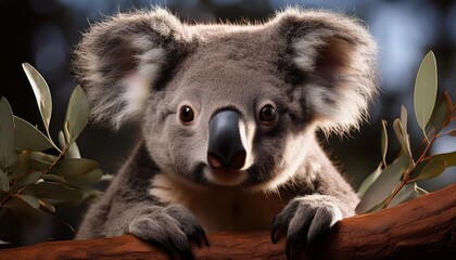 Fototapeta premium Koala in a Gum Tree, Serene Moment in an Australian Bushland as the Morning Light Breaks through the Misty Sky, Capturing the Quiet Majesty of Wildlife and Nature in the Outback.