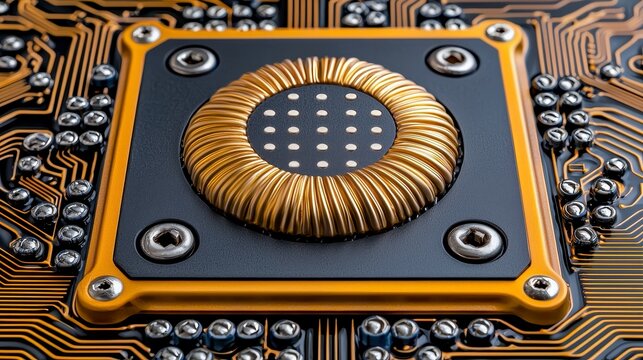 Close up of a computer processor on a circuit board with integrated electronics components