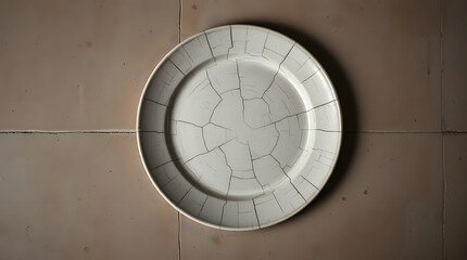 Cracks on a ceramic empty plate on a textured surface highlight imperfections and rustic charm