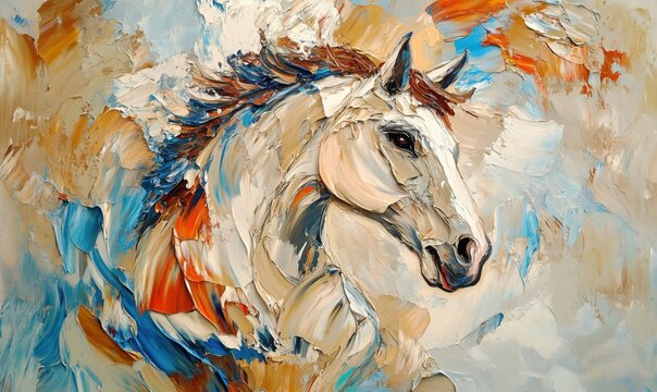 Majestic white horse portrait in vibrant abstract colors and textured brush strokes