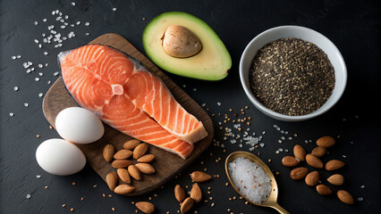 Keto diet theme – top view of salmon, avocado, eggs, nuts, and seeds on a bright. Ideal for fitness and cookery blogs and websites.