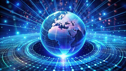 Obraz premium Retro Futuristic 3D Earth Globe Surrounded by Binary Code and Digital Data Streams