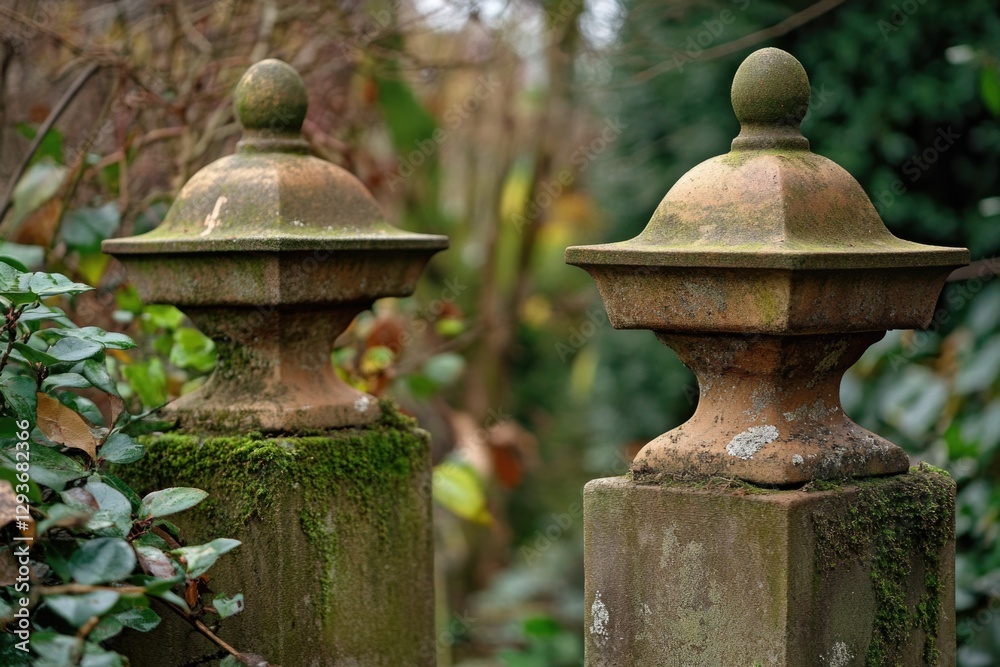 Poster close-up shot of two stone pillars covered in moss, great for nature or architecture scenes
