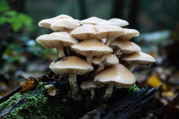 A group of mushrooms growing on top of a decaying tree stump in a forest