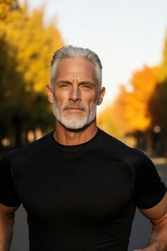 Confident older man in athletic wear stands outdoors, surrounded