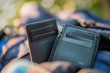 A wallet and its protective case placed together, ideal for showcasing accessories or storage solutions