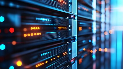 Modern Data Center Server Rack Technology Blue Orange Lights Digital Infrastructure Powerful Network High Performance Computing System Advanced       