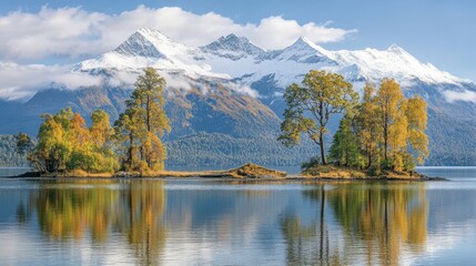 Obraz premium Serene mountains mirror in a tranquil lake, surrounded by lush trees, creating a captivating natural landscape.