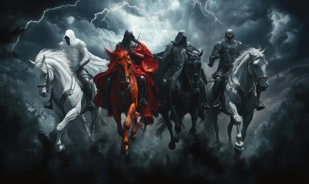 Four horsemen of the apocalypse riding through stormy skies with dramatic lightning