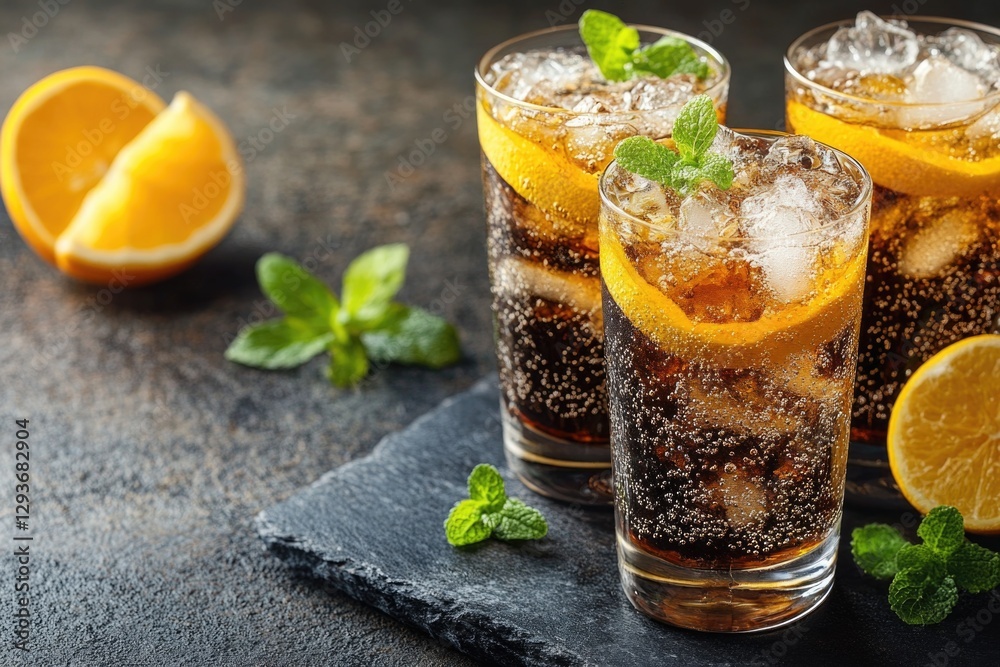 Poster a pair of glasses filled with ice and orange slices, perfect for a refreshing beverage