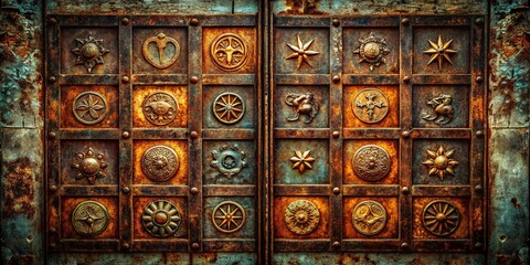 Rusty Grungy Zodiac Door - Vintage Astrological Metal Gate Stock Photo
