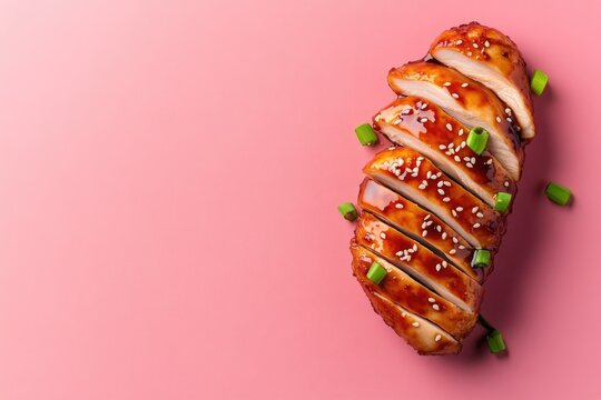 Juicy sliced chicken glazed with sauce garnished with green onio