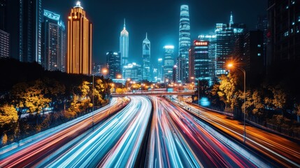 Fototapeta premium A vibrant city street at night, showcasing light trails from vehicles amidst towering skyscrapers illuminated against the dark sky.