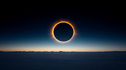 A breathtaking view of a solar eclipse, showcasing the sun's corona as a bright ring around the dark moon against a gradient sky over a serene landscape.
