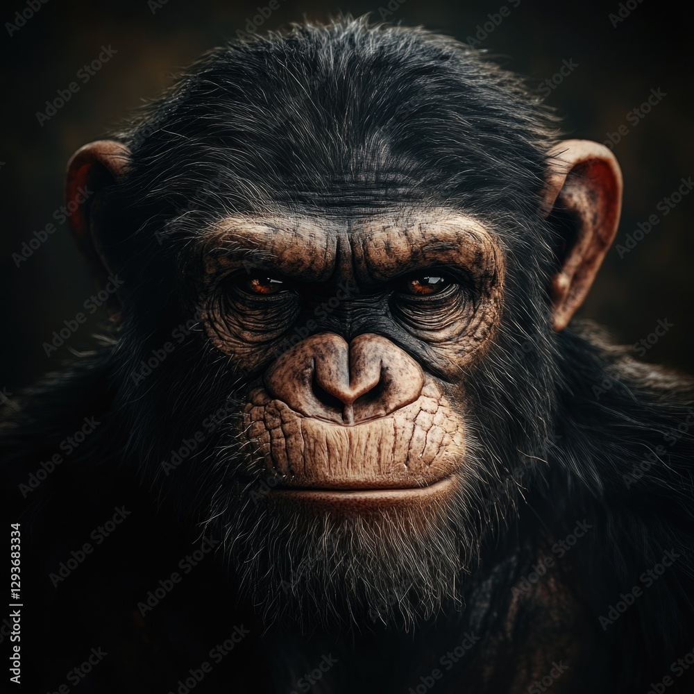 Poster A close-up view of a monkey's face on a dark background