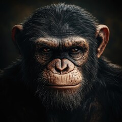 A close-up view of a monkey's face on a dark background