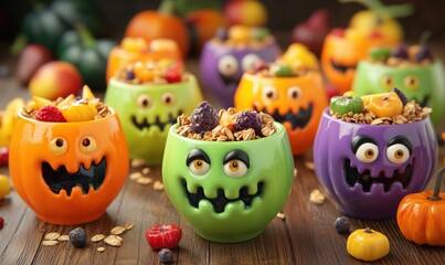 Colorful Halloween snack bowls filled with fruits and granola for festive celebrations