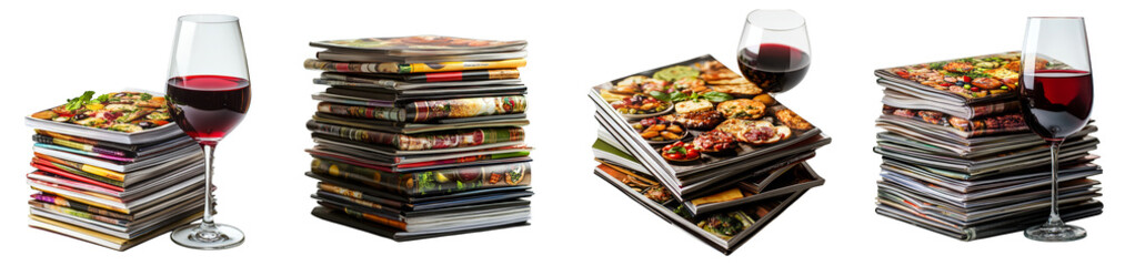 Stacked cookbooks surrounded by glasses of red wine showcasing culinary inspiration