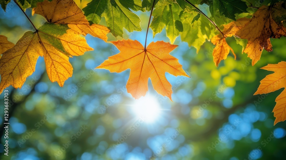 Poster Sunlight filters through lush green leaves hanging from a tree, creating a serene and vibrant natural scene that captures the beauty of nature.