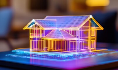 3D holographic model of a modern house showcasing architectural design and innovation