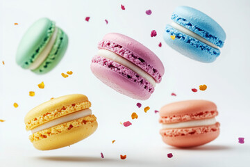 Colorful macarons floating with sprinkled decorations in the air