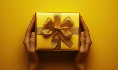 Golden gift box with bow held in hands against vibrant yellow background