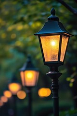 A row of street lights in a park setting