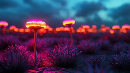 Meadow of the future with hybrid bio-engineered plants that self-adapt to climate changes, glowing with life