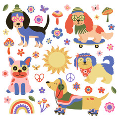 set of isolated groovy retro hipster Dog and flowers