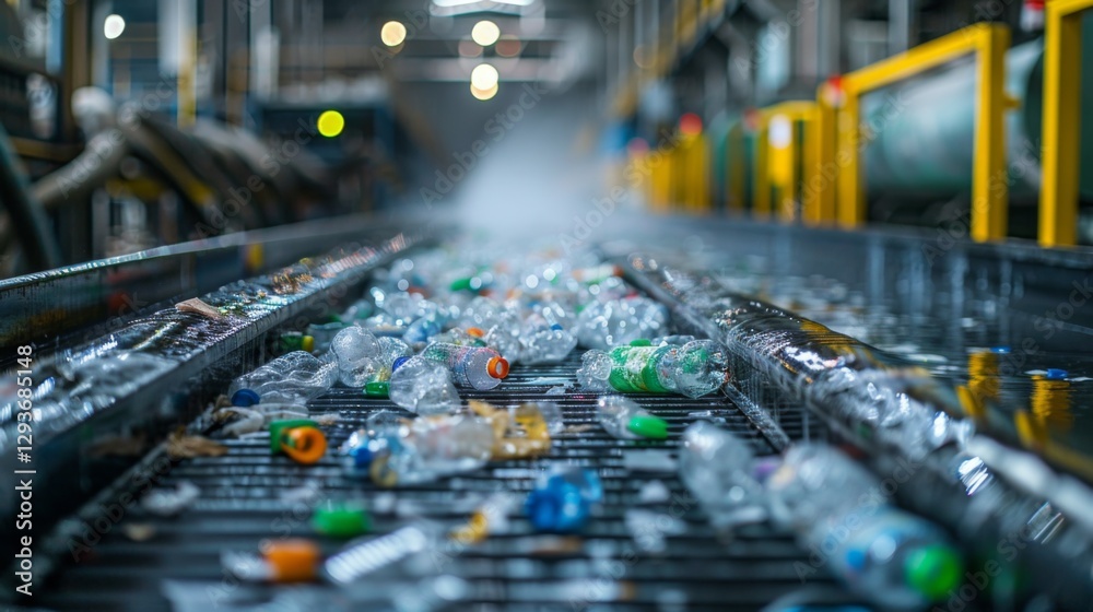 Aufkleber Workers sort through plastic waste at a recycling facility. Bottles of different shapes and colors are seen on the conveyor belt as machinery operates smoothly in the background.