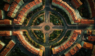 Obraz premium Aerial view of circular intersection surrounded by residential buildings and greenery