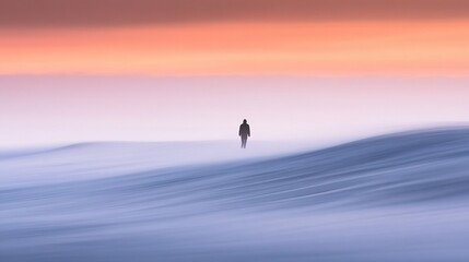 Solitary Figure Walking Serene Winter Landscape Peaceful Sunset Sky Dramatic Cold Weather Distant Horizon Tranquil Scene Beautiful Nature Atmospheric 
