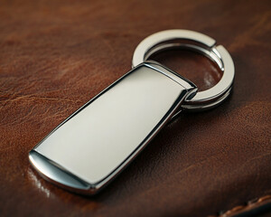 Close-up of a shiny metal keychain with a rectangular tag on a smooth brown leather surface, symbolizing luxury, elegance, and modern design.