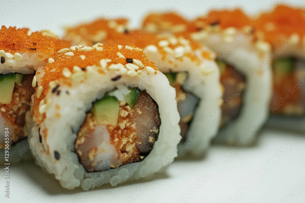 Poster a close-up shot of a delicious sushi roll on a plate, ready to be enjoyed