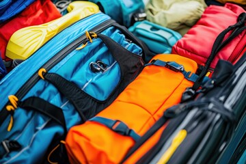 A suitcase filled with multiple colorful bags, ideal for travel or adventure photography