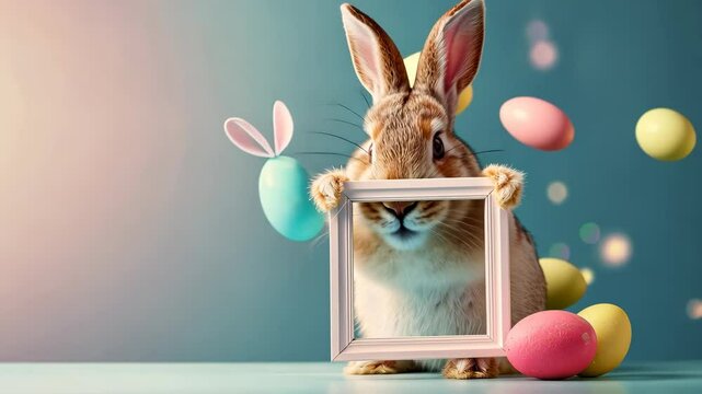 Adorable rabbit displays a wooden frame while surrounded by pastel-colored eggs in a festive Easter atmosphere