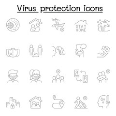 Set of Virus protection line icons. contains such Icons as, social distancing, mask, hand washing, stay home and more.