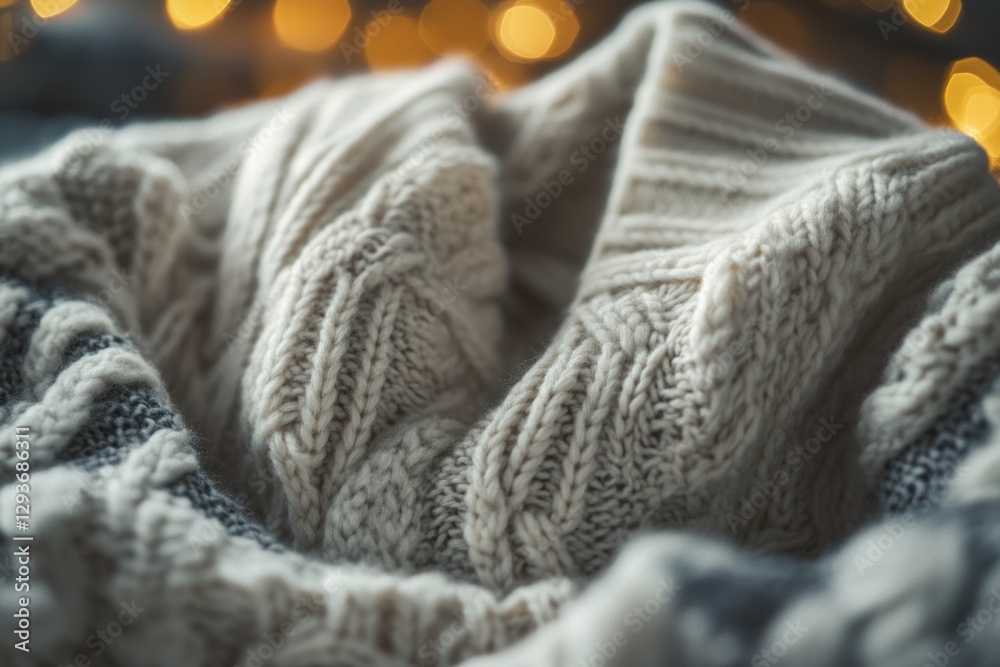 Poster a close-up shot of a knitted blanket with soft, warm light in the background