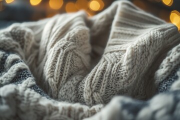 A close-up shot of a knitted blanket with soft, warm light in the background