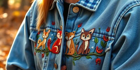 Obraz premium Embroidered Forest Creatures on Rustic Denim