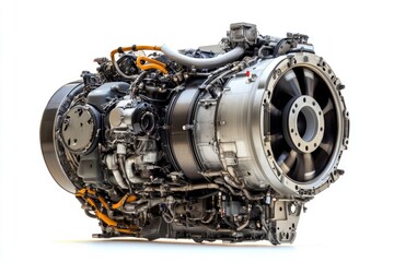 A close-up shot of a jet engine's internal components on a white background, suitable for use in technical illustrations or educational materials