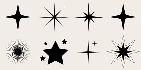 Set of blinking stars, sparks and sparkles. Shining twinkle sunburst shapes collection. Magic light flare pack for design template, poster, banner,