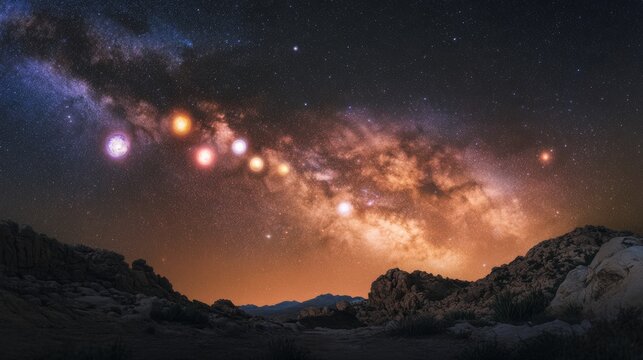Seven planets align in a glowing arc, inspiring celestial wonder and cosmic harmony.
