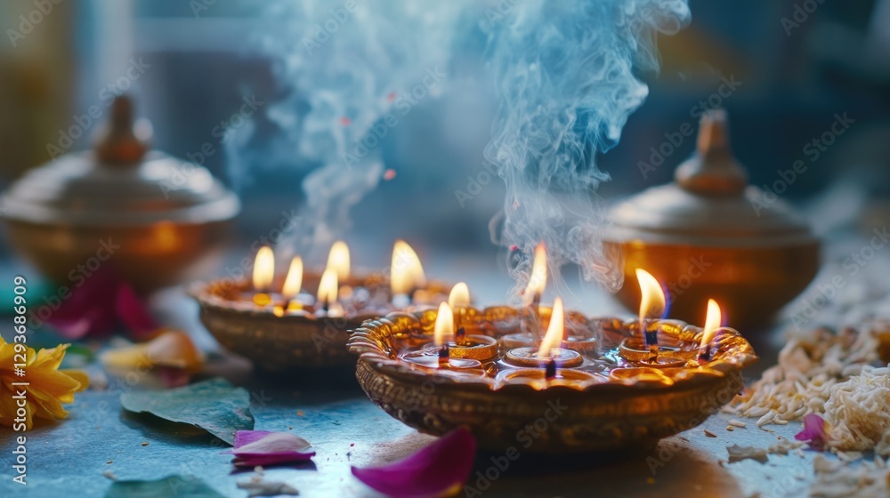 Poster a collection of lit candles placed on a table, perfect for use in photoshoots or as decorative eleme