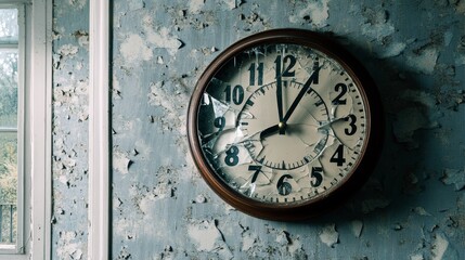 A massive wall clock with shattered glass, hanging in an abandoned room