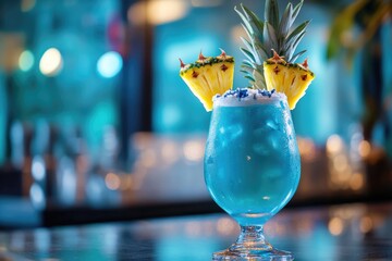 Freshly mixed blue cocktail with pineapple garnish in a glass, perfect for a summer evening or party