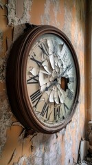 Fototapeta premium A massive wall clock with shattered glass, hanging in an abandoned room