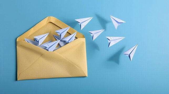 Capture the essence of flight and communication with this captivating image showcasing delicate paper airplanes emerging from a vibrant yellow envelope, set against a serene blue backdrop