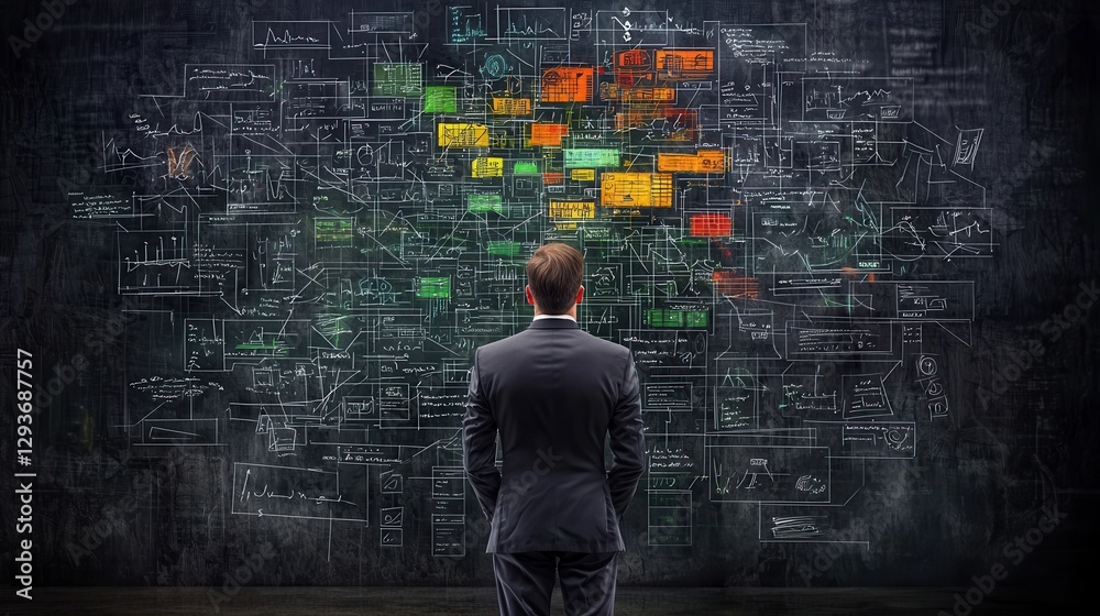 Poster businessman analyzing complex data visualization dashboard with abstract graphs charts and analytics