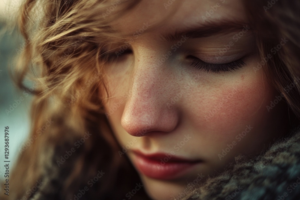 Poster a close-up shot of a woman's face with her eyes shut, ideal for use in personal or commercial projec